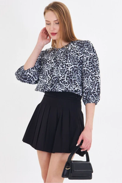 Women's Black Crew Neck Short Sleeve Patterned Shirt A - ARMONIKA