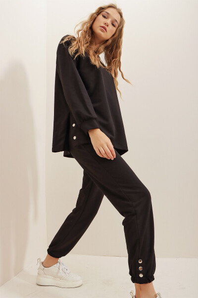 Women's Black Crew Neck Side Button Detail Tracksuit ALC-X7228 - 2