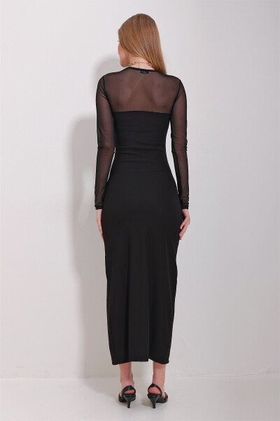 Women's Black Crew Neck Tulle Detail Slit Midi Dress ALC-X11516 - 5