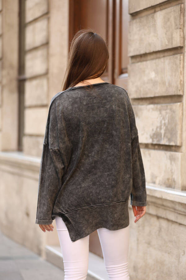 Women's Black Crew Neck Vintage Asymmetric Oversize Loose Cotton Knit Sweater Blouse - 8