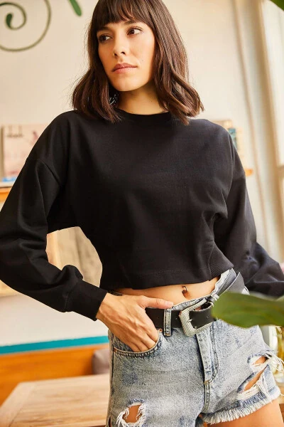 Women's Black Cropped Sweatshirt with Lace-Up Sides SWT-19000421 - OLALOOK (1)