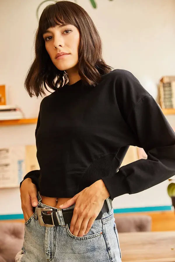 Women's Black Cropped Sweatshirt with Lace-Up Sides SWT-19000421 - 3