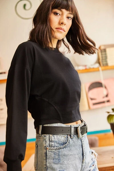 Women's Black Cropped Sweatshirt with Lace-Up Sides SWT-19000421 - 4