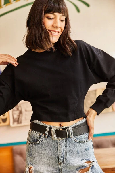 Women's Black Cropped Sweatshirt with Lace-Up Sides SWT-19000421 - 5