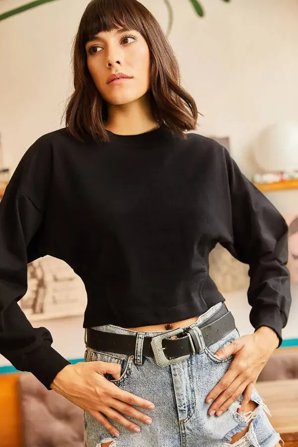 Women's Black Cropped Sweatshirt with Lace-Up Sides SWT-19000421 - 6