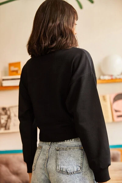 Women's Black Cropped Sweatshirt with Lace-Up Sides SWT-19000421 - 7