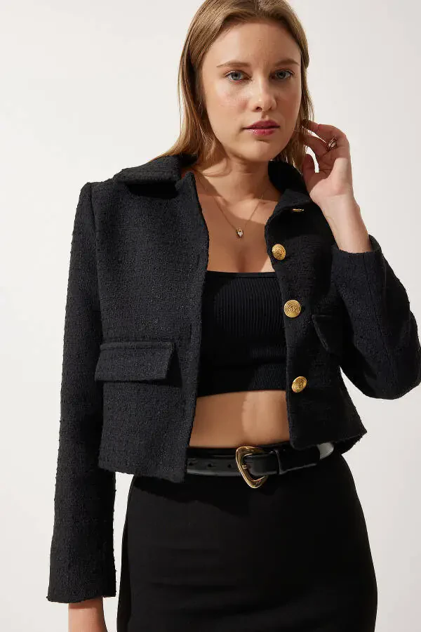 Women's Black Cropped Tweed Blazer Jacket TO00039 - 2