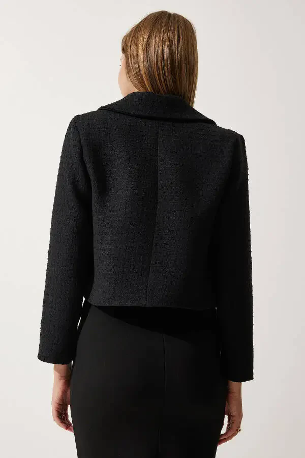 Women's Black Cropped Tweed Blazer Jacket TO00039 - 4