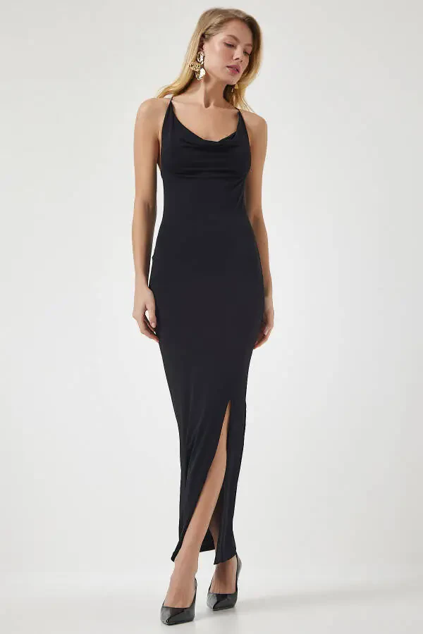 Women's Black Cross Strap Slit Sandy Dress DZ00113 - 2