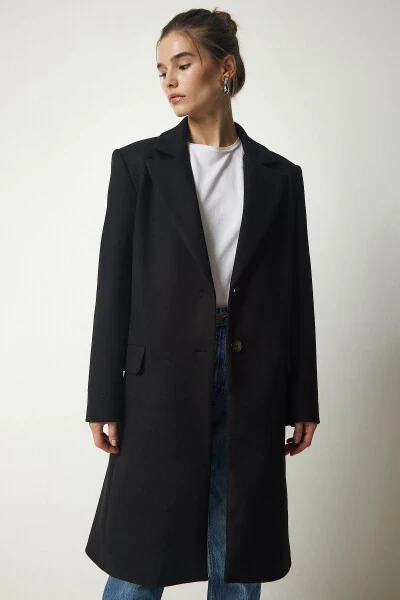 Women's Black Crossover Collar Buttoned Wool Coat TO0011 - HAPPINESS İSTANBUL