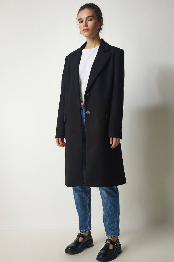 Women's Black Crossover Collar Buttoned Wool Coat TO0011 - 2