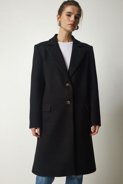 Women's Black Crossover Collar Buttoned Wool Coat TO0011 - 3