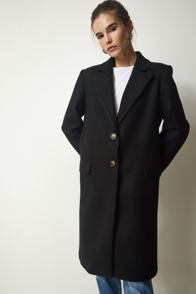Women's Black Crossover Collar Buttoned Wool Coat TO0011 - 4