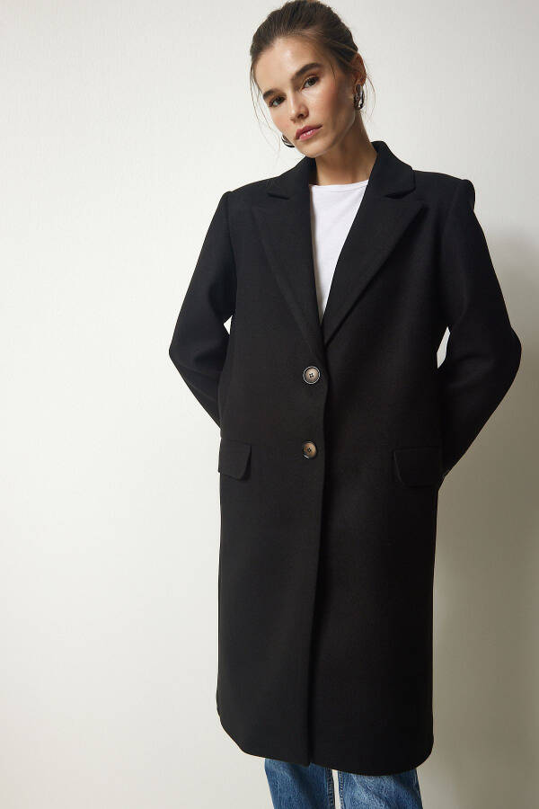 Women's Black Crossover Collar Buttoned Wool Coat TO0011 - 4