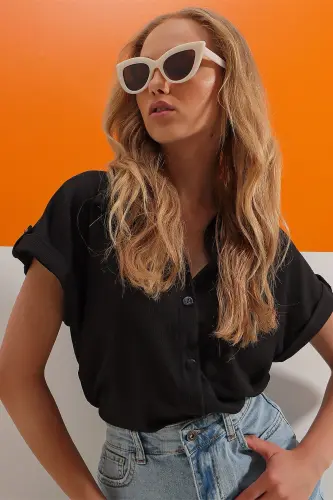 Women's Black Cuffed Double Short Sleeve Textured Shirt ALC-X8724 - 2