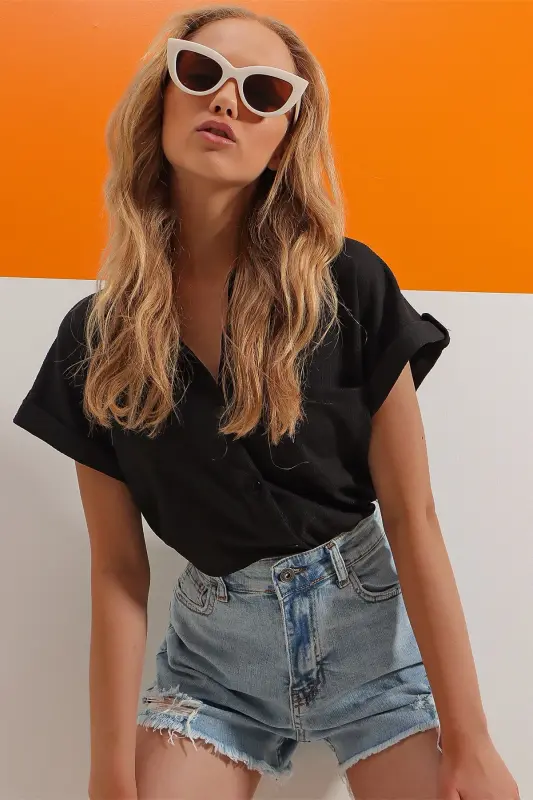 Women's Black Cuffed Double Short Sleeve Textured Shirt ALC-X8724 - 3