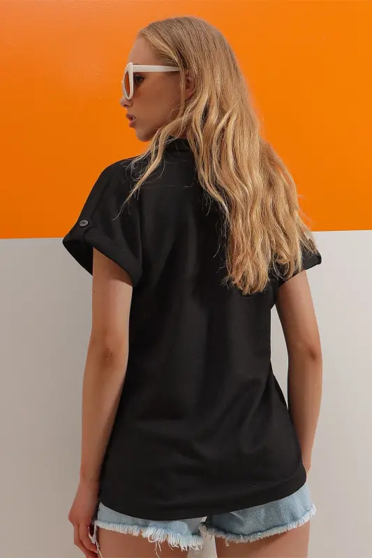 Women's Black Cuffed Double Short Sleeve Textured Shirt ALC-X8724 - 4