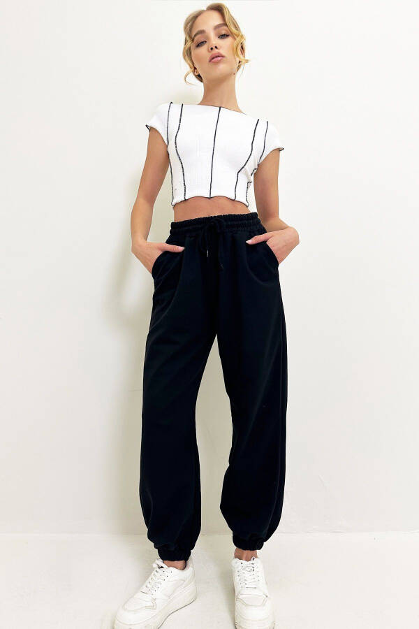 Women's Black Cuffed Two-Thread Sweatpants ALC-Y2933 - 1