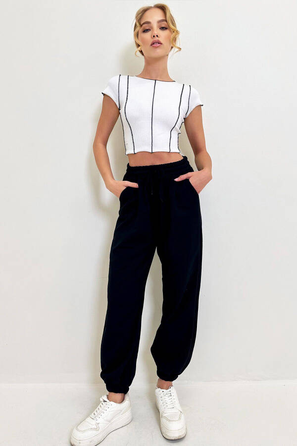 Women's Black Cuffed Two-Thread Sweatpants ALC-Y2933 - 2