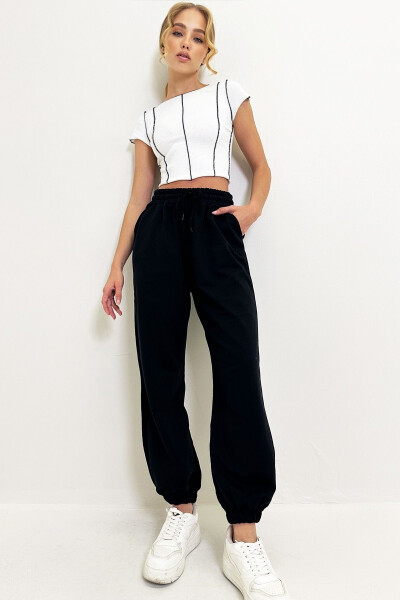 Women's Black Cuffed Two-Thread Sweatpants ALC-Y2933 - 3