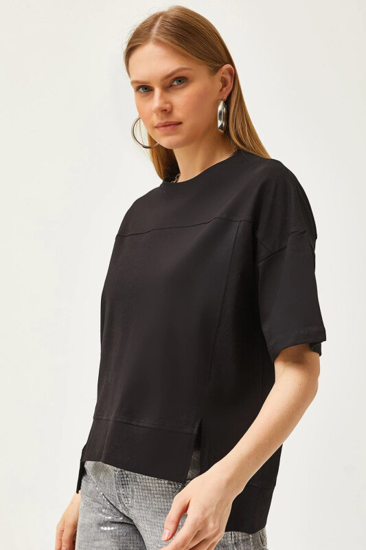 Women's Black Cut Out Front Cotton T-Shirt With Stitch Detail T - 1