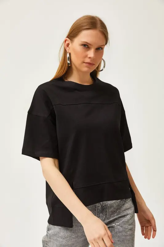Women's Black Cut Out Front Cotton T-Shirt With Stitch Detail T - 2