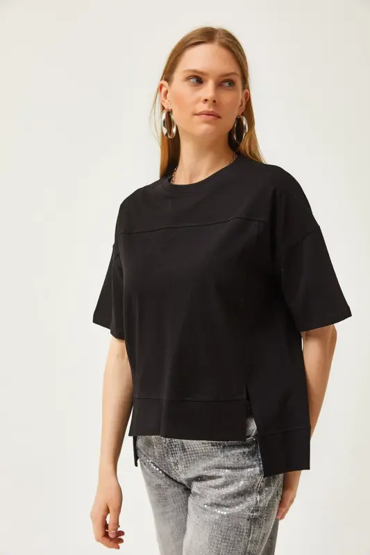Women's Black Cut Out Front Cotton T-Shirt With Stitch Detail T - 3