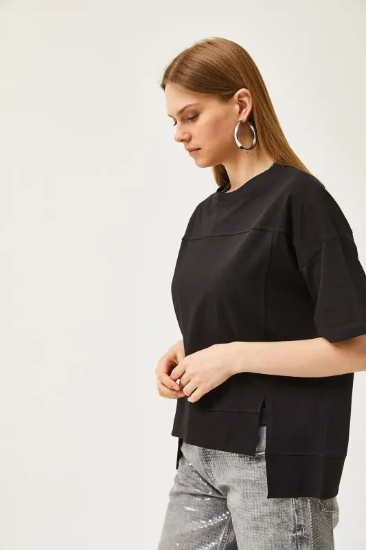 Women's Black Cut Out Front Cotton T-Shirt With Stitch Detail T - 4