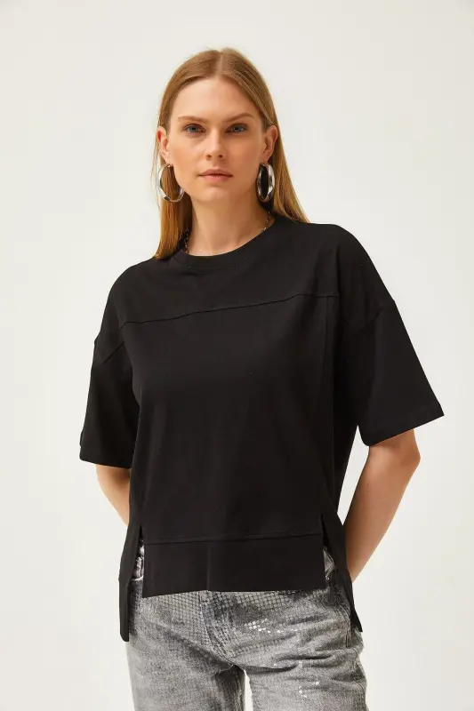 Women's Black Cut Out Front Cotton T-Shirt With Stitch Detail T - 5