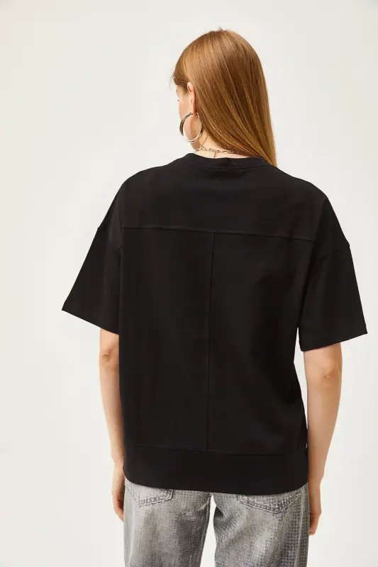 Women's Black Cut Out Front Cotton T-Shirt With Stitch Detail T - 6