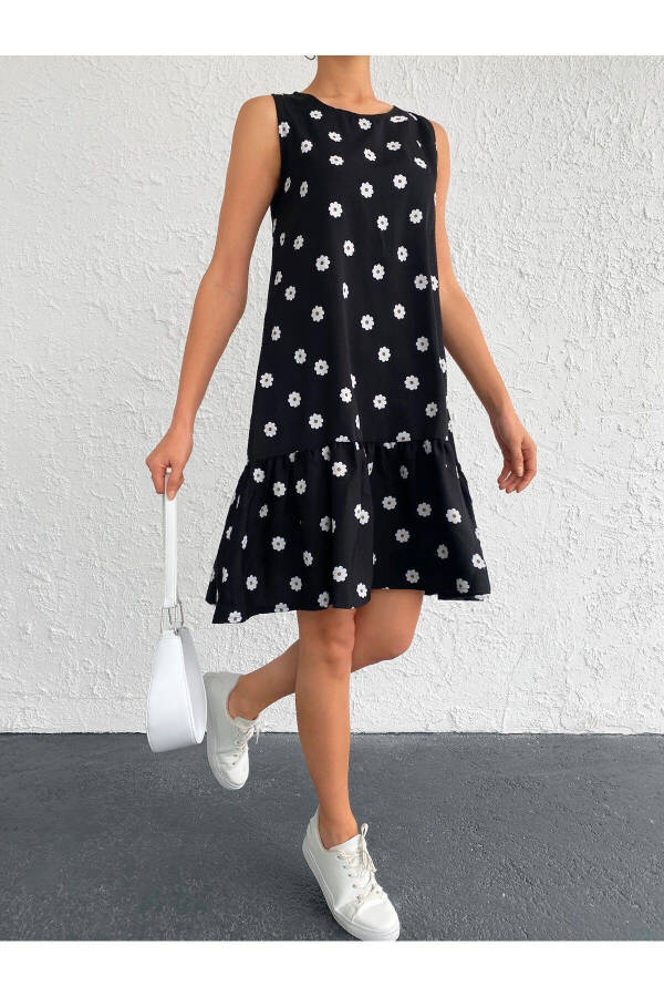 Women's Black Daisy Print Sleeveless Skirt Frilled Dress ARM-22Y001123 - 1