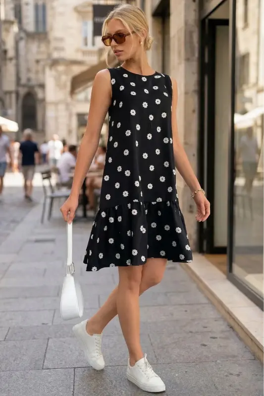 Women's Black Daisy Print Sleeveless Skirt Frilled Dress ARM-22Y001123 - 1