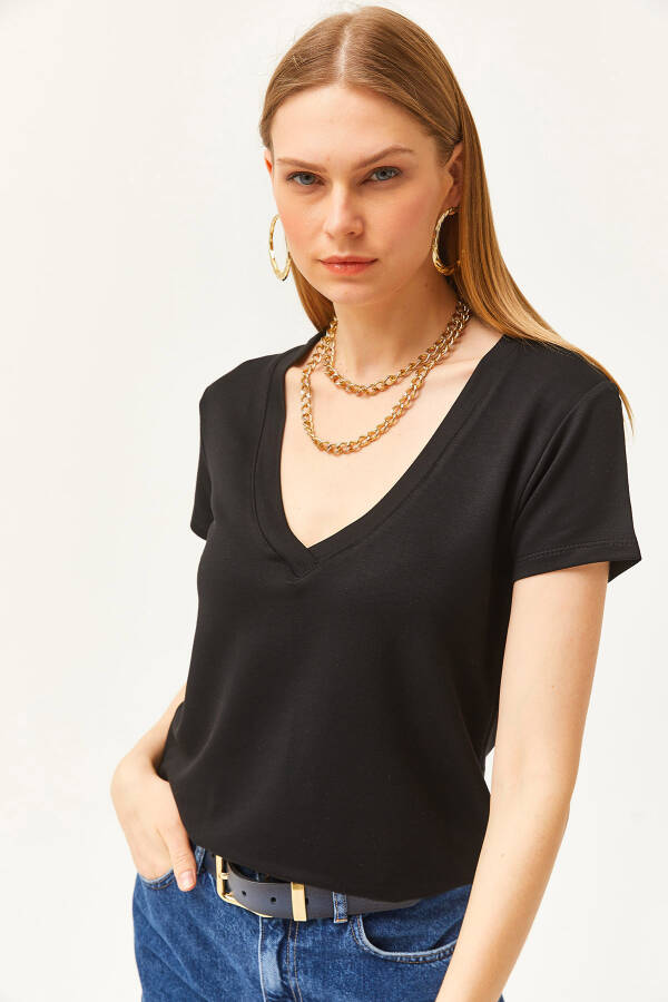 Women's Black Deep V-Neck Modal Buttoned T-Shirt TSH-19000773 - 3