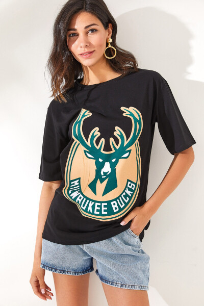 Women's Black Deer Print Cotton T-Shirt TSH-19000754 - 1