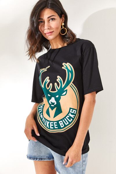 Women's Black Deer Print Cotton T-Shirt TSH-19000754 - 3