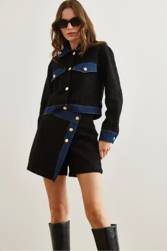 Women's Black Denim Button Detailed Chanel Shorts Skirt ET - 4