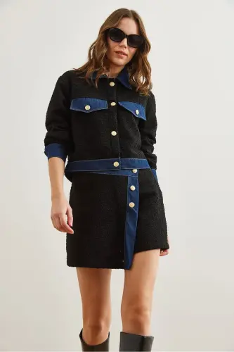 Women's Black Denim Button Detailed Chanel Shorts Skirt ET - 6