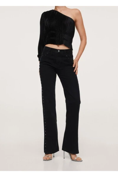 Women's Black Denim Studded Straight Leg Jean - 1
