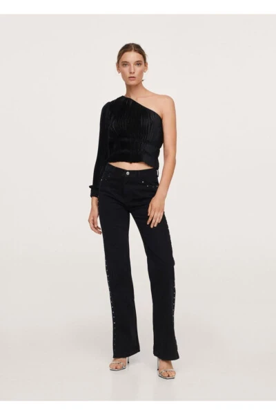 Women's Black Denim Studded Straight Leg Jean - 2