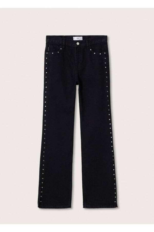 Women's Black Denim Studded Straight Leg Jean - 3