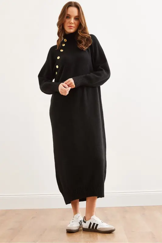 Women's Black Detachable Collar Button Detailed Maxi T - 1