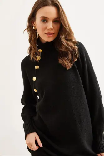 Women's Black Detachable Collar Button Detailed Maxi T - 3