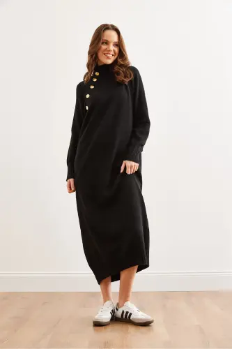 Women's Black Detachable Collar Button Detailed Maxi T - 5