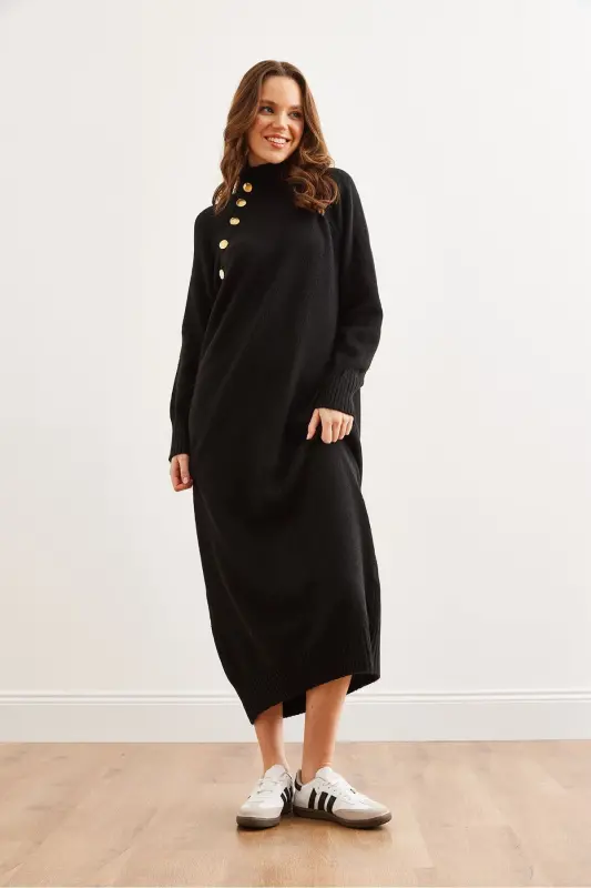 Women's Black Detachable Collar Button Detailed Maxi T - 5
