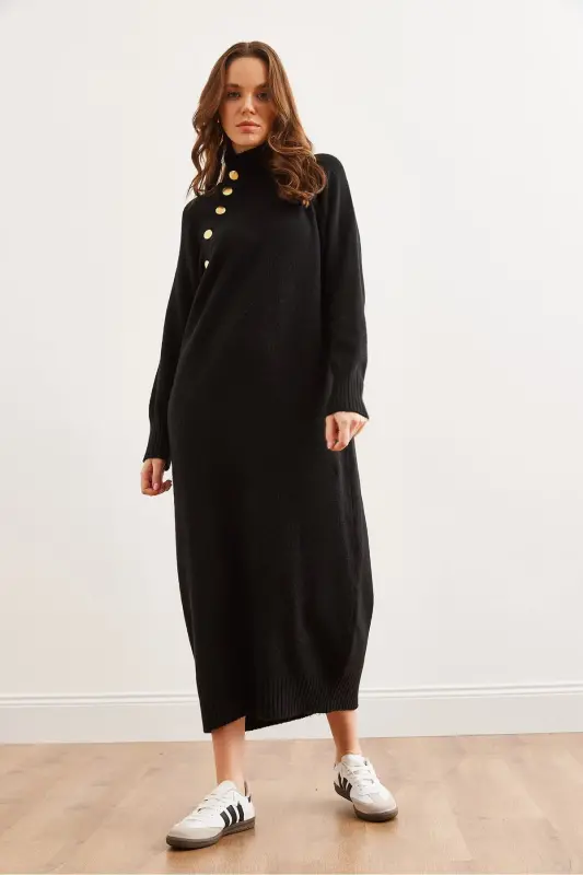 Women's Black Detachable Collar Button Detailed Maxi T - 6