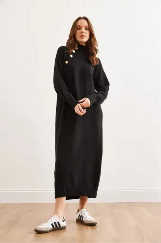 Women's Black Detachable Collar Button Detailed Maxi T - 7