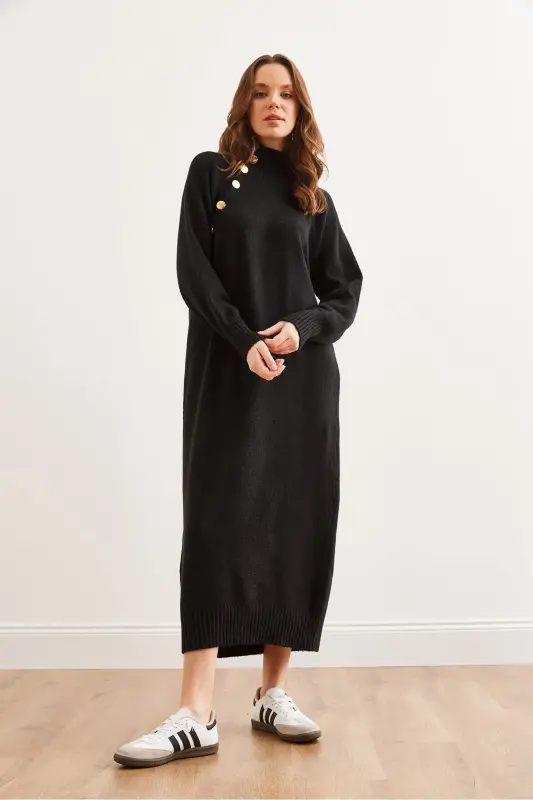 Women's Black Detachable Collar Button Detailed Maxi T - 7