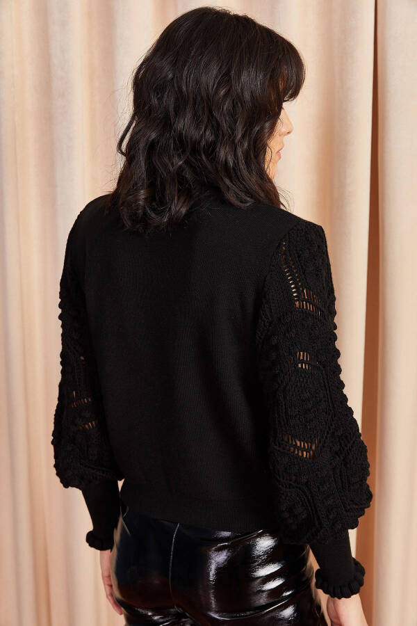 Women's Black Detailed Sleeve Soft Textured Knit Sweater KZK-19000175 - 4