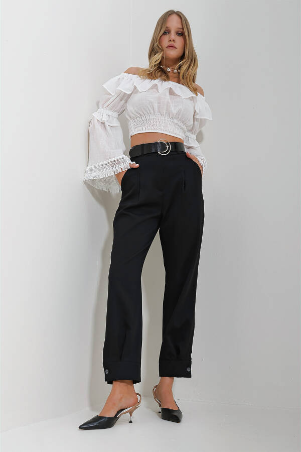 Women's Black Double Fabric Woven Pants with Belt, Leg Buttons and Double Pockets ALC-X11623 - 2