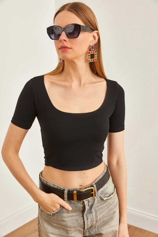 Women's Black Double Layer Front Cotton Lycra T-Shirt TSH- - 1